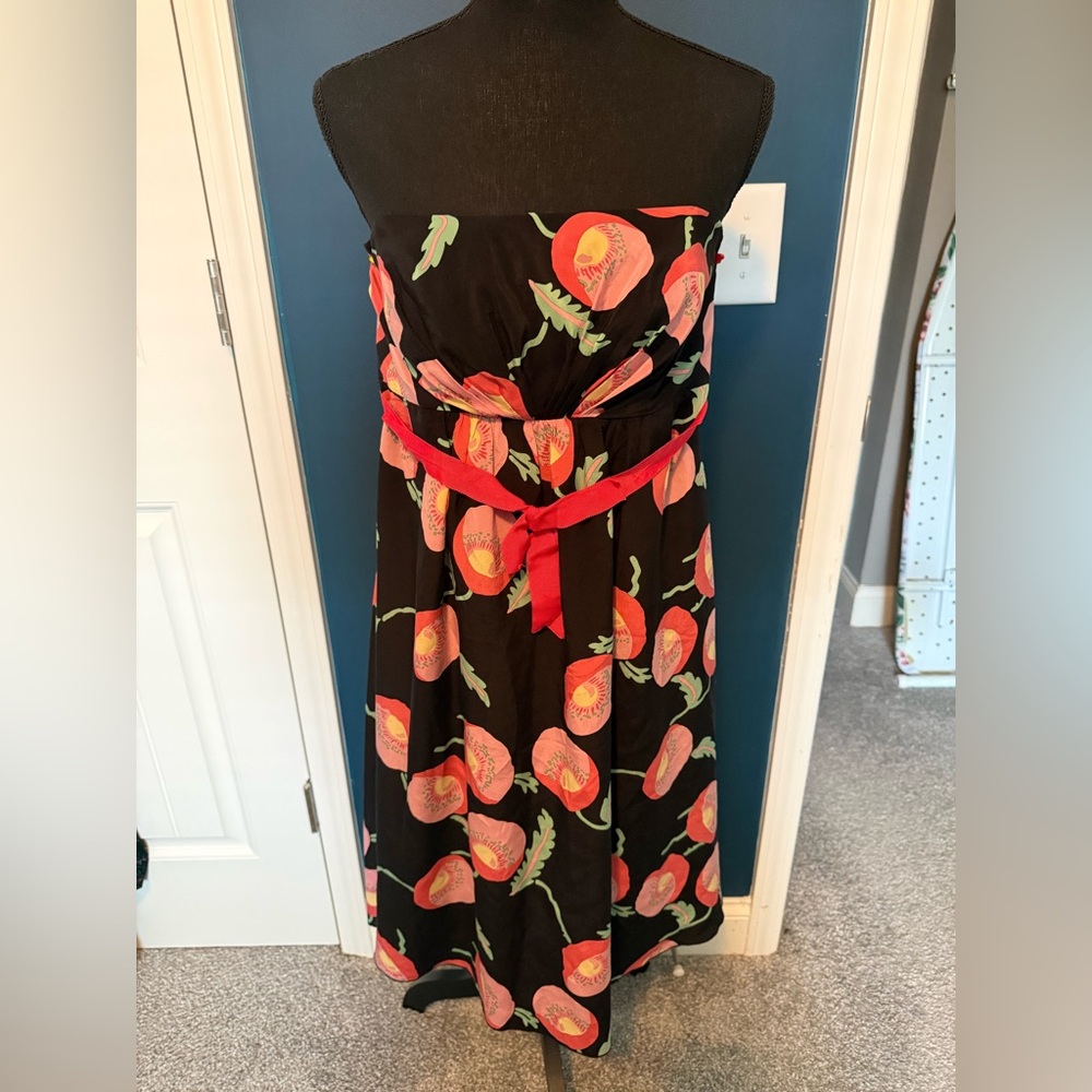Anna Sui Black Strapless Midi Dress with Coral Floral Print and Red Tie